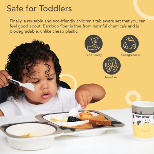 Thoneed Bamboo Kids Plate And Bowl Set | Matching Dishes For Toddlers Ages 1+ | 5 Piece Divided Dinnerware Set Includes Plate, Bowl, Cup & Utensils | Reusable, Bpa Free & Dishwasher Safe (Cow) #TOP1