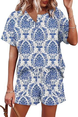 Image of WIHOLL Two Piece Outfits for Women Lounge Sets Button Down Top and Shorts Set Sweatsuits with Pockets
