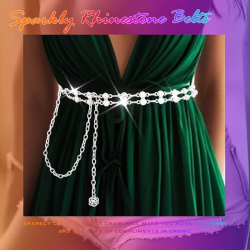 COSYDAYS Silver Rhinestone Chain Belts Sparkly Crystal Dress Belt Fashion Waist Accessories for Women3