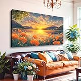 JLXART Large Canvas Wall Art for Living Room Decor Sunset Lake Mountain Landscape with Orange Poppies Modern Nature Home Decor Framed Size 20 x 40 in