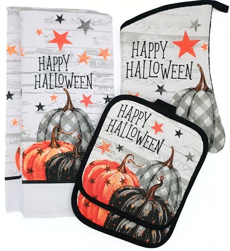 Sg6 Halloween Kitchen Linen Set, 5 Piece, Light Weight, Cotton Oven Mitt and Potholders with Polyester Dish Towels, Pumpkin Design, Happy Halloween Text