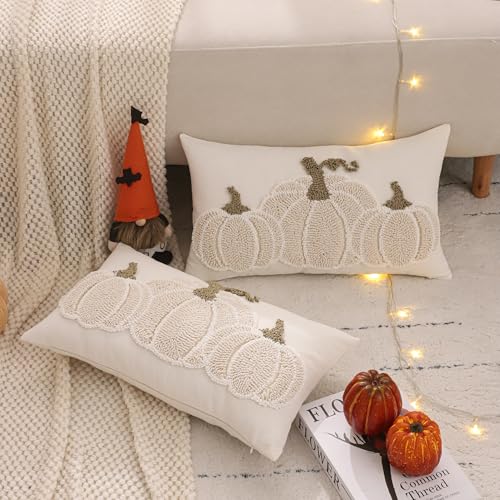 Tosleo Halloween Throw Pillow Covers 12x20 inch Set of 2 Halloween Beige Pumpkin Embroidered Pillow Cases Thanksgiving Home Party Pumpkin Fall Decor Pillowcases Lumbar Cushion Covers
