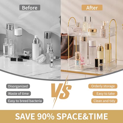 Image of Akinbas 2 Tier Bathroom Organizer Countertop Makeup Perfume Tray Skincare Organizer for Bathroom Dresser Vanity (White)