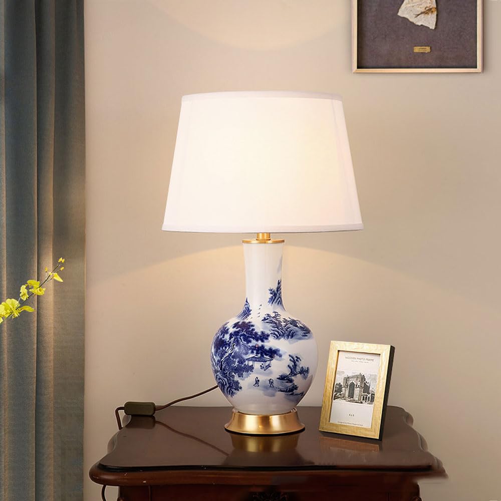 SGKOMN 25" Ceramic Table Lamp Traditional Bedside Desk Nightstand Lamp Chinoiserie Blue And White Porcelain Desk Lamp For Bedroom Living Room Office Bookcase
