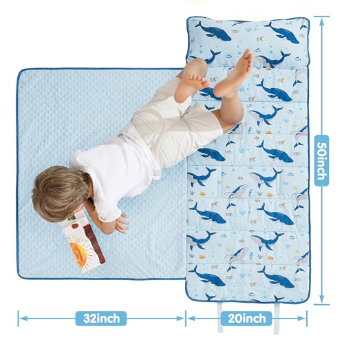 Image of Viviland Toddler Kid Nap Mat for Preschool, Boys Blue Ocean Whale Slumber Bag, Daycare Sleeping Bag with Pillow and Blanket, Kindergarten Sleep Mat