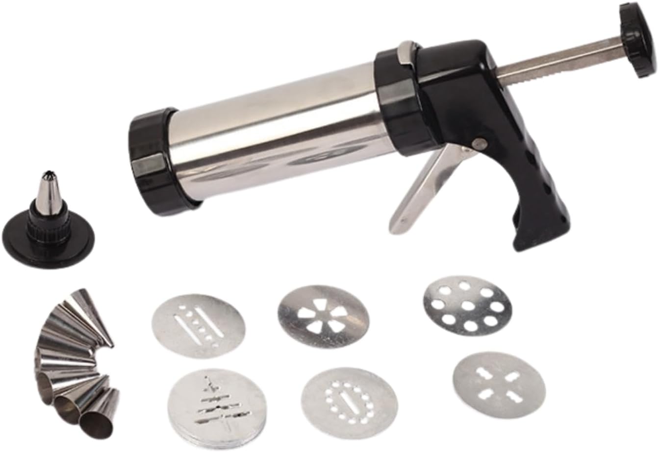Professional Stainless Steel Cookie Press Set with 8 Decorative Tips, Multiple Design Discs, Biscuit Maker for Spritz Cookies (Biscuit Machine)