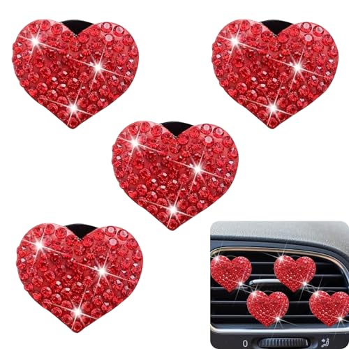 Image of 4 PCS Bling Car Air Conditioner Air Outlet Decoration, Diamond Studded Shiny Heart-Shaped Clip, Cute Charm Interior Aesthetic Ornaments for Women, Universal Car Interior Accessories (Red)