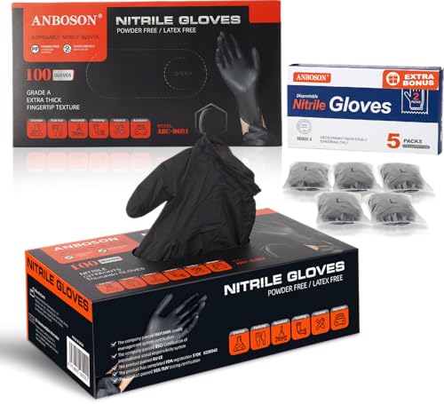 ANBOSON Black Nitrile Gloves Disposable 110 Count + 5 Travel Packs Included 5 Mil Food Safe Gloves for Cooking Food Prep & Household Cleaning Latex Free Powder Free Textured Grip Large