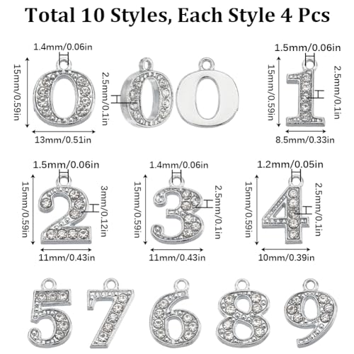 SUNNYCLUE 1 Box 40Pcs Rhinestone Number Charms Silver Numbers Charm Bulk Alloy Rhinestone Figure 0~9 Lucky Sports Numeral Charms for Jewelry Making Charms Necklace Bracelet Earrings Athletes Crafts - Image 2