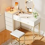 SUPERJARE 35.4" White and Gold Desk with 2 Drawers, Modern Makeup Vanity with Padded Stool, Small Computer Desk Home Office Desk for Writing Study Bedroom - Image 4