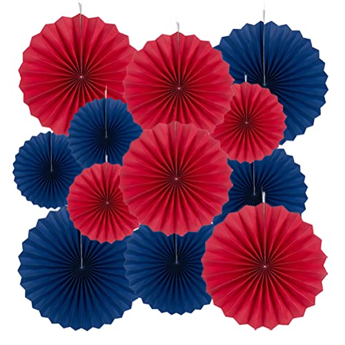 Image of MOWO Royal Blue and Red Paper Fans Party Decoration, 12pc | Wall Background, Ceiling Hanging Decoration, 4th July Independence Day, birthday graduation retirement party decoration