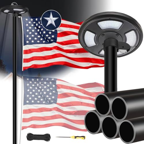 JPorton 20FT Black Heavy Duty Flag Pole Kit with 3x5 Ft American Flag & Solar Light - 12 Gauge Aluminum Tubing, Resistance High Winds, Hardware Flagpole Set for Residential Commercial Outdoor Ready