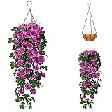 Artificial Hanging Flowers, Hanging Baskets Fake Hanging Silk Rose Flowers Vine Hanging Plants in Ba