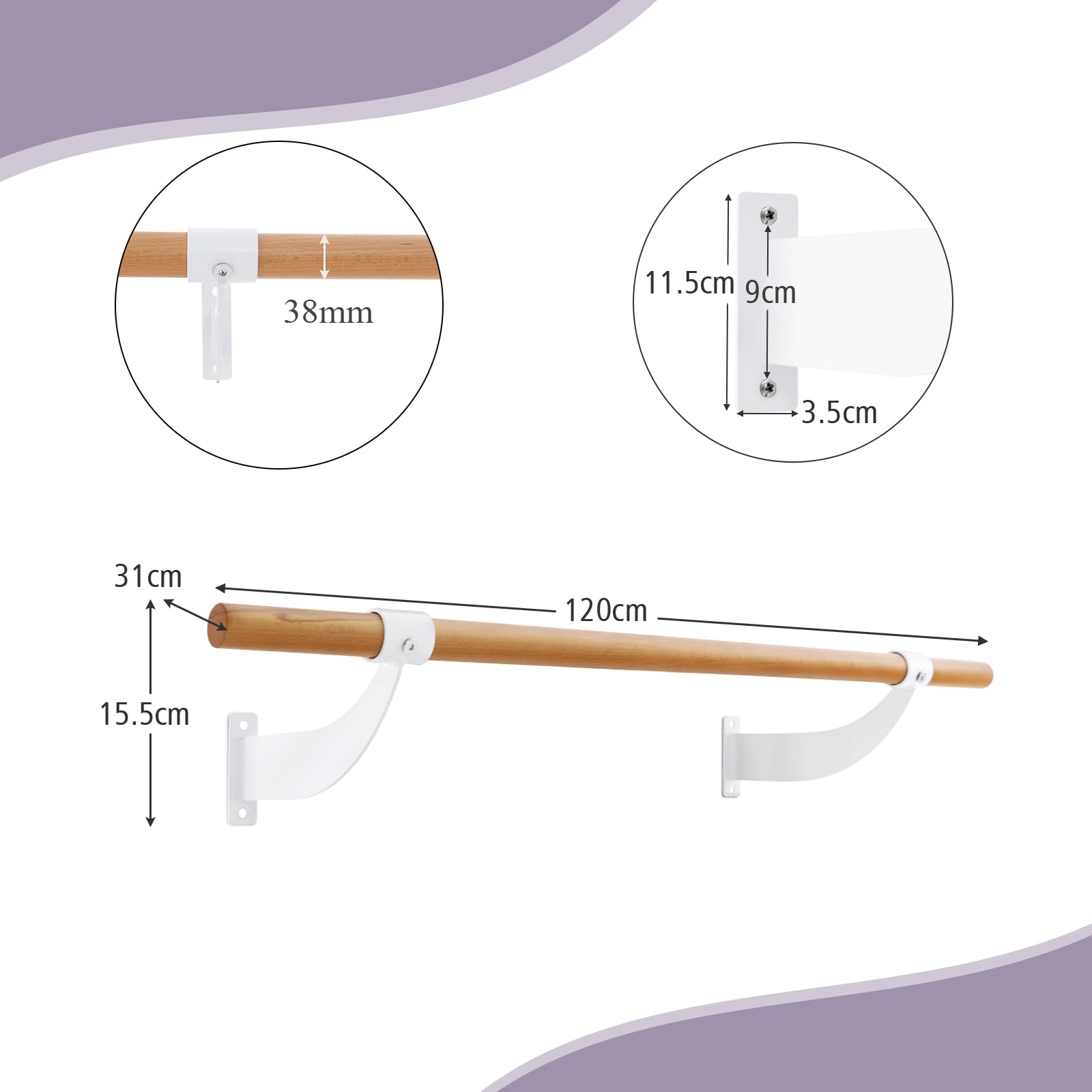 KOMFOTTEU Barre de ballet pour la maison, 38 mm de diamètre, en bois de hêtre, pour yoga, étirement, entraînement, poses de ballet, maison, salle de sport