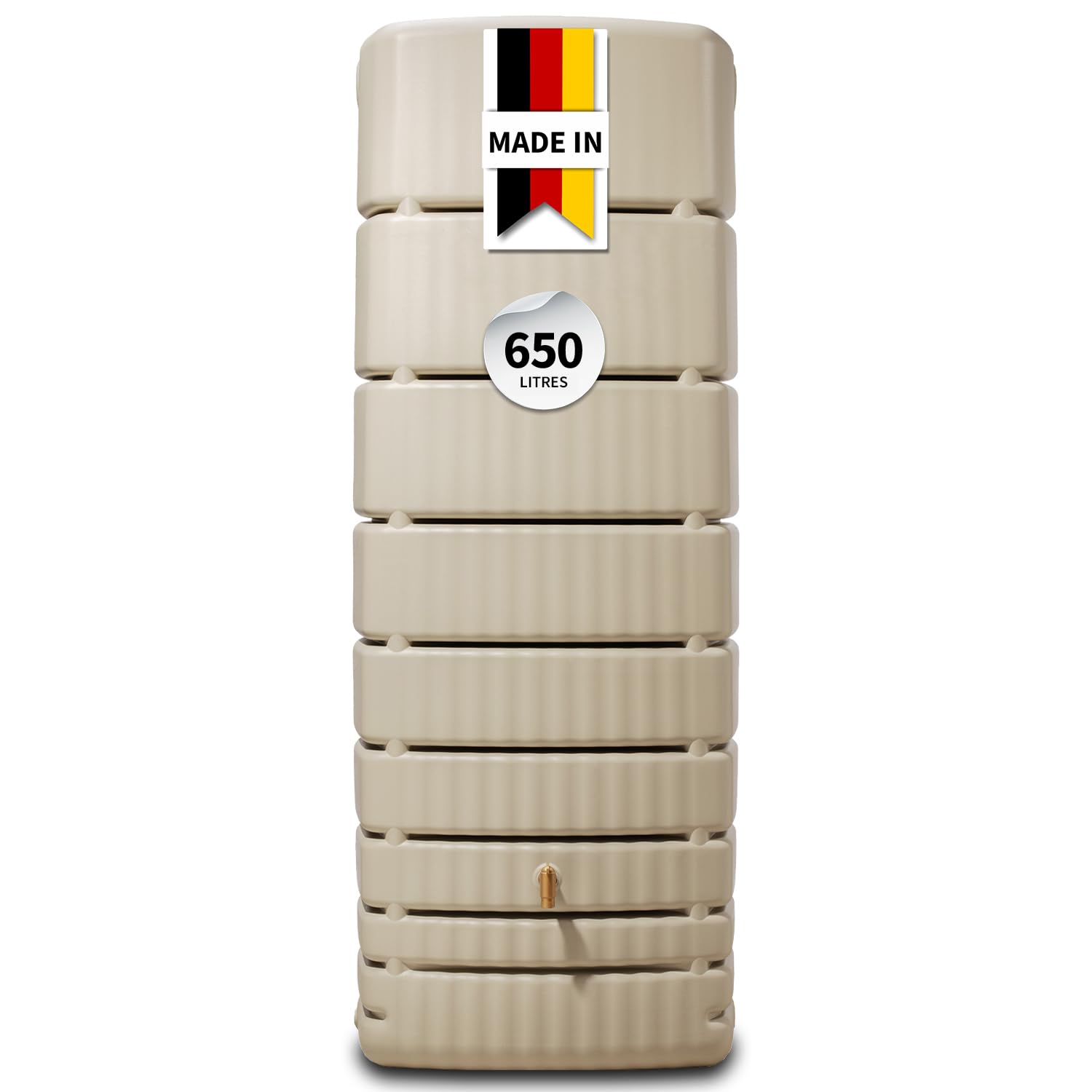 4rain Slim Récupérateur d’Eau de Pluie 650L Sable – Cuve Murale Robuste et élégante – Réservoir d’Eau de Pluie + Robinet PE Imitation Laiton – Solution Pratique et Durable de récupération