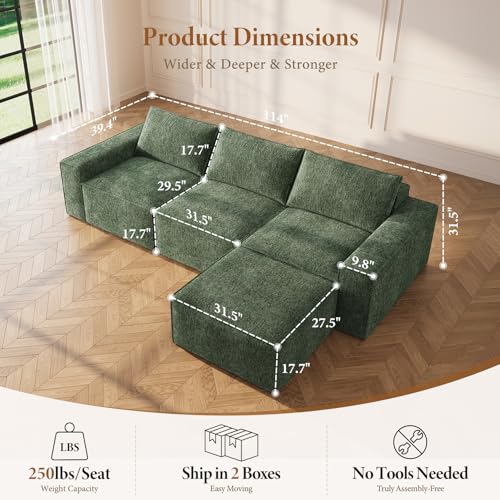 Image of Vesgantti 114 inch Modular Boneless Couch, Modern 3 Seater Sectional Sofa with Ottoman & Deep Seat, Convertible Chenille L Shaped Cloud Couches for Living Room, No Assembly Required, Green
