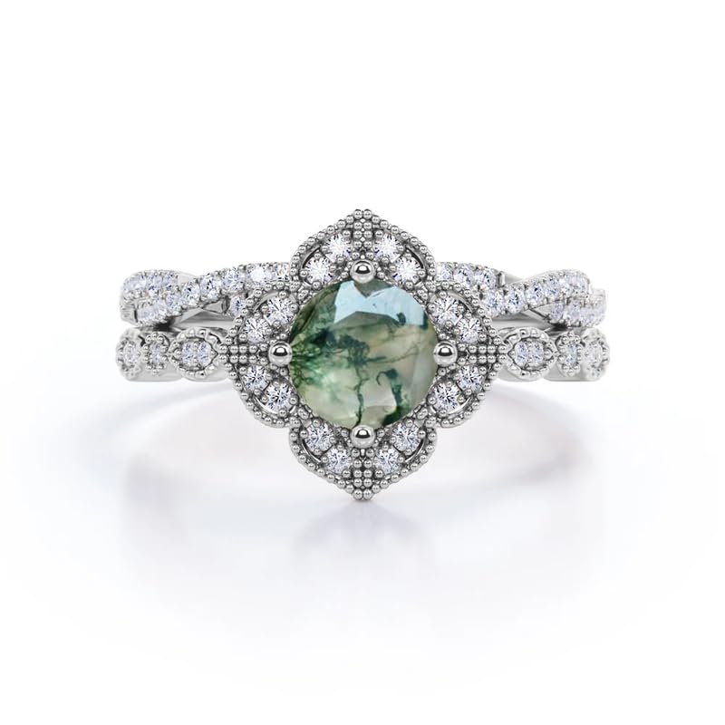 Moss Agate Ring for Women Personalized 925 Sterling Silver/10K/14K/18K Gold Vintage Green Moss Agate Moissanite Engagement Set Ring Valentine's Day
