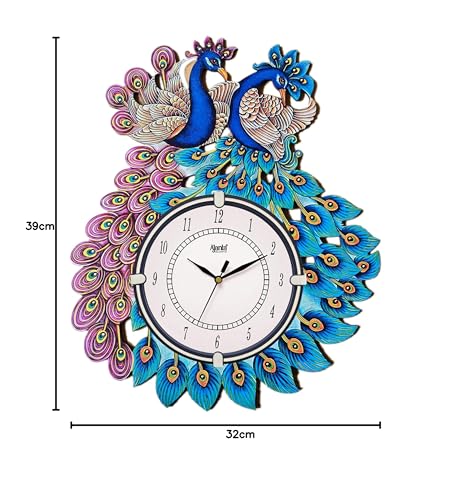 Image of Ajanta Wall Clock Wooden Wall Clock Twin Peacock Wall Watch (39x32 cm)