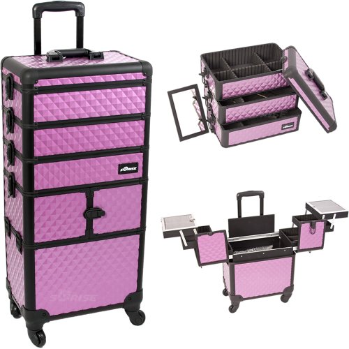 33.25 inch 360 Degree Rotating Wheels 4 in 1 Purple Diamond Textured Professional Travel Trolley Makeup Case w/ Extendable Trays