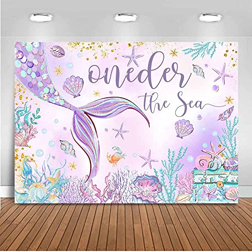 Mocsicka Oneder The Sea 1st Birthday Backdrop 7x5ft Purple Mermaid Under The Sea Happy First Birthday Party Decorations for