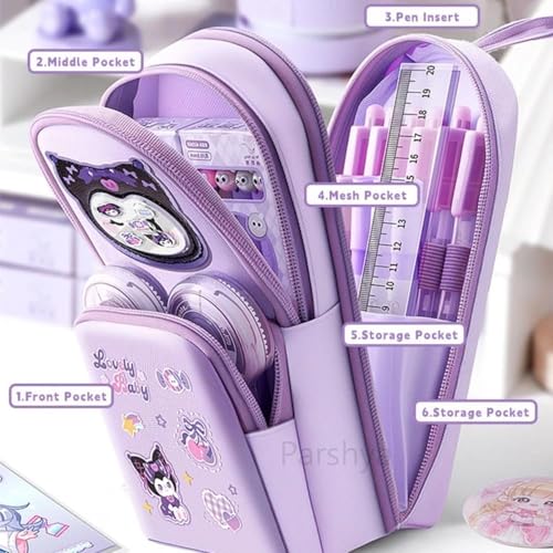 Image of Parshya Cute Kawaii Pencil Pouch for Girls Aesthetic, Canvas Pencil Case with 6 Layers & 12 Pockets, Cartoon Pencil Box for Kids, School Stationery Organizer Pouch for Girls & Boys (Purple)