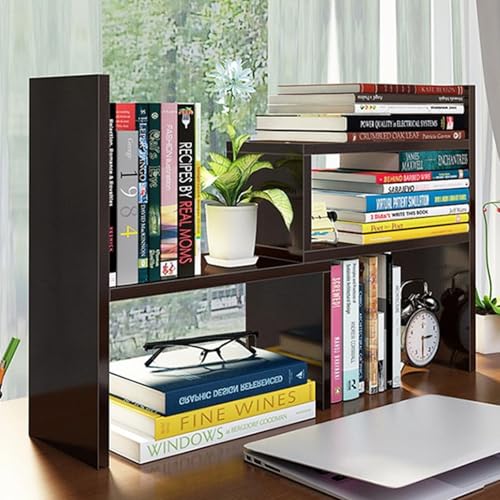 Image of Desktop Shelf Organizer, Adjustable Wood Office Storage Rack, Counter Display Small Bookshelf for Home /Office /School(Dark Walnut)