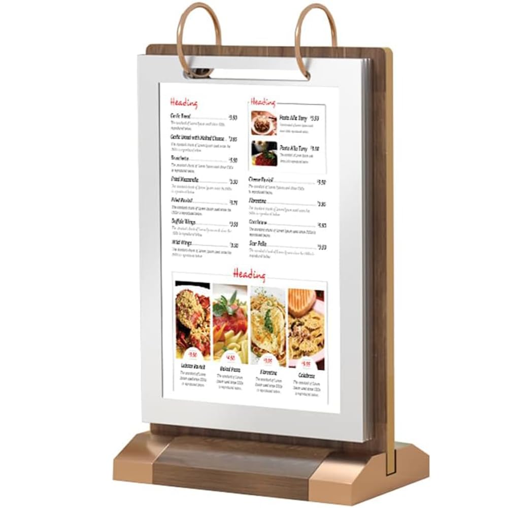Sign Holder Poster Menu Holder Display Stands,Walnut+Metal Base A4/A5/A6 Standing Flip Album T Shape Clear Acrylic Menu Display Double Sided Poster Menu Sign For Promotions,Restaurants,Tables,Hotel