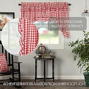 VHC Brands Annie Buffalo Check Cotton Farmhouse Kitchen Curtains Rod Pocket Hanging Loops Ruffling Swag Pair, Red Country VHC Brands Annie Buffalo Check Cotton Farmhouse Kitchen Curtains Rod Pocket Hanging Loops Ruffling Swag Pair Red Country