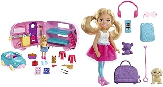 Barbie Club Chelsea Camper Playset with Chelsea Doll, Puppy, Car, Camper, Firepit, Guitar and 10 Accessories, Gift for 3 to 7 Year Olds, FXG90 & Chelsea Travel Doll, Blonde