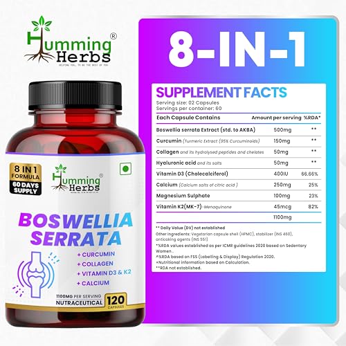 Image of Humming Herbs Boswellia Serrata Supplement 1100mg with Curcumin, Collagen, Hyaluronic Acid, Calcium, Vitamin D3, K2 & Magnesium | 8-in-1 Joint Mobility & Antioxidant Support | 120 Veg Capsules | 60 Days Supply