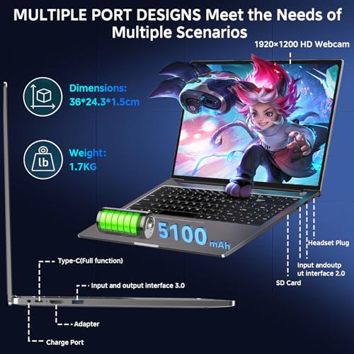 HUQPPQ 16 Inch Gaming Laptop Core i3 (Up to 3.2GHz) 16GB RAM 512GB SSD Expandable to 1TB Win11 Laptops | FHD 1920×1200 Display | Type-C | Long-Lasting Battery | Includes Mouse & Keyboard Film-Gray - Image 7