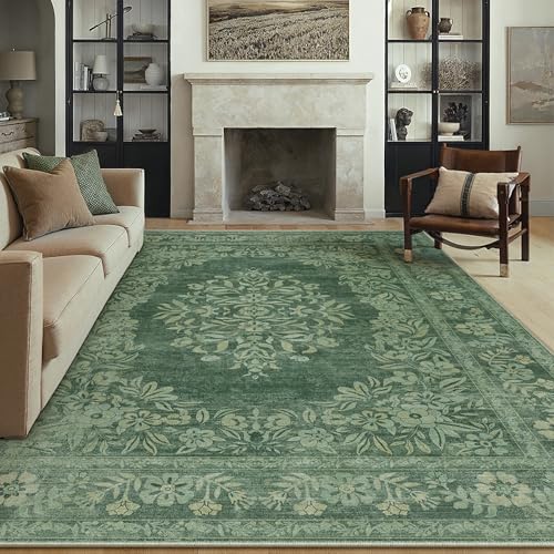 6x9 Area Rug Green Washable Vintage Distressed Living Room Carpet Large Bedroom Indoor Medallion Floral Non Slip Retro Throw Floor Mat for Office Dining Room Kitchen Bathroom