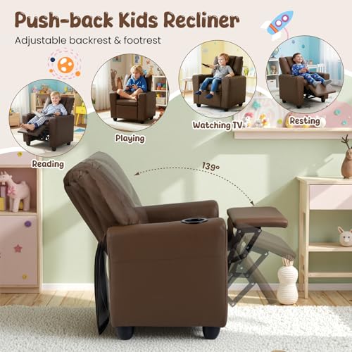 Image of HONEY JOY Kids Recliner, 2-in-1 Toddler Armrest Sofa Couch with Cup Holders, Adjustable Footrest, PU Leather, Child-Size Recliner Chair for Boys Girls Age 3+ (Brown)