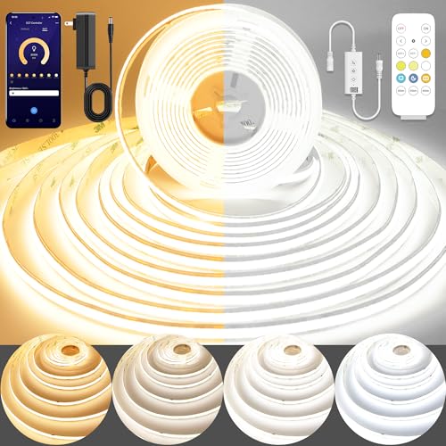 Pandery COB LED Strip Light,CCT Dimmable Strips Light,2700K-6500K,9.84ft/3m,8mm Wide,CRI90+ 24V LED Strips Kit with Bluetooth APP Control/Music Mode,for Bedroom,Kitchen,DIY Lighting