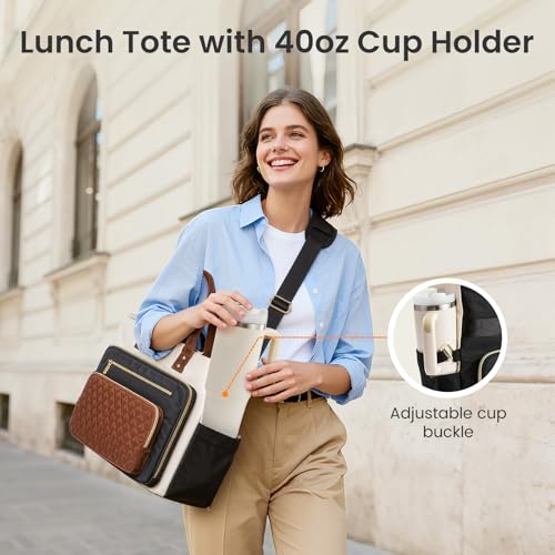 Image of LOVEVOOK Insulated Lunch Bag, Large Capacity Tote with Lunch Compartment, Laptop Bag with Cup Holder, Work Bags for Women, Nurse Lunch Tote for Office, Picnic, 17.3 Inch Black-Beige-Brown