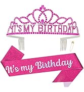 ACO-UINT Birthday Crown for Women, Hot Pink Headband Sash It's My Birthday Crown, Girl Tiara Birt...
