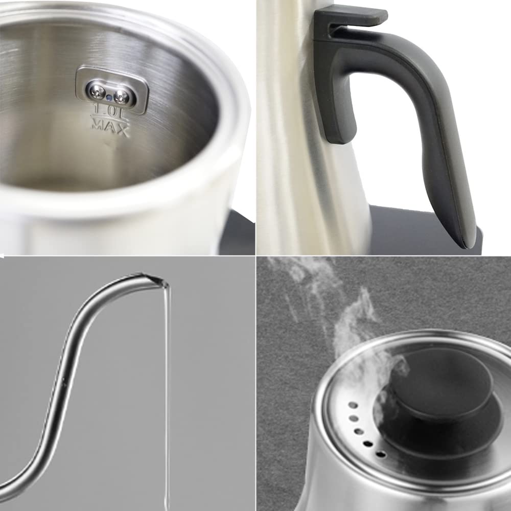 MAXWIN Bollitore Elettrico 1 litro Piccolo con Temperatura Regolabile,Bollitore da Caffè a Collo di Cigno in Acciaio Inox,Display LED,Riscaldamento Rapido 1000W,Timer Integrato
