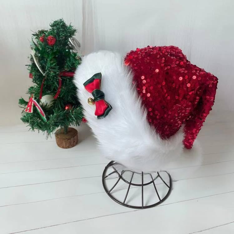 Red Sequined Santa Hat, Shiny Unisex Soft Plush Deluxe Xmas Santa Claus Velvet Comfy for Fancy Dress Christmas New Year Party - Image 4