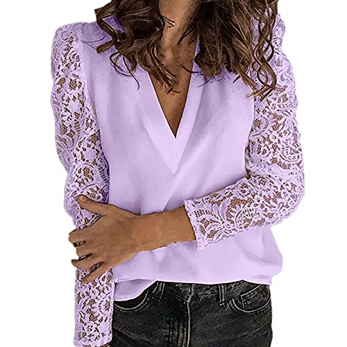 Beaufident Femme Chemisier Manches Longues en Dentelle OL Blouse de Bureau Col V Chemise Tunique Haut Lâche Top Fluide Chic Printemps Automne Cover