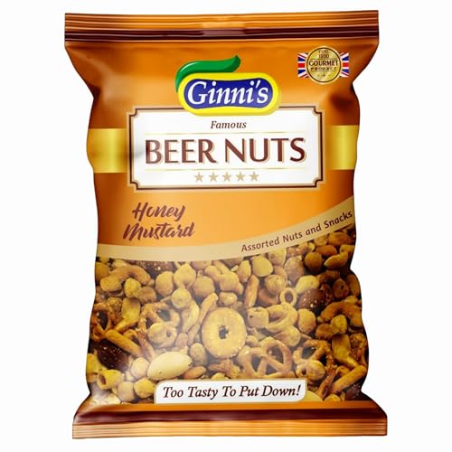 Ginni's Famous Honey Mustard Beer Nuts - Pack of 10 - Peanuts Toasted Corn Cashews Beans Almonds Hazelnuts Sweet Tangy Party Bar Snacks - Seasoned Flavoured Nut & Snacks