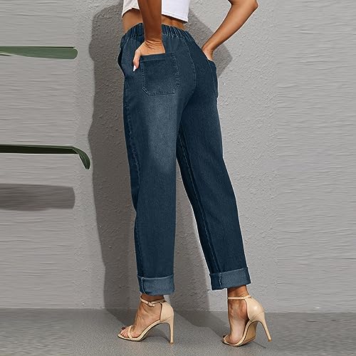 2025 Women's Plus Size Stretch High Waist Drawstring Loose Straight Leg Soft Comfortable Jeans with Pockets3