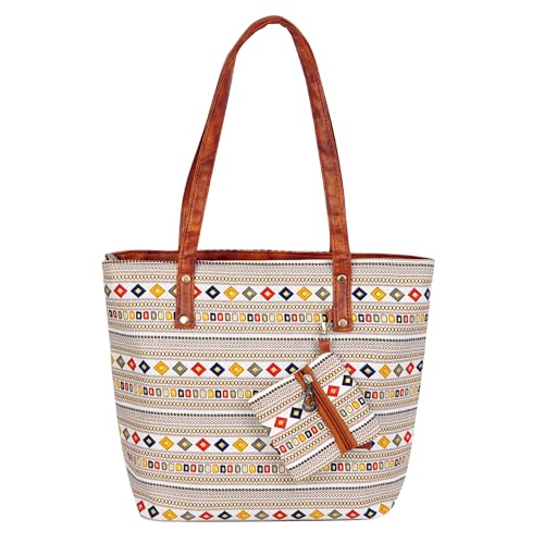 Image of Storite Women's Tote Bag with Leather Handles & Embroidery Printed Handbag with Zip Pockets, Shoulder Tote Bag and Handbag for Office and College