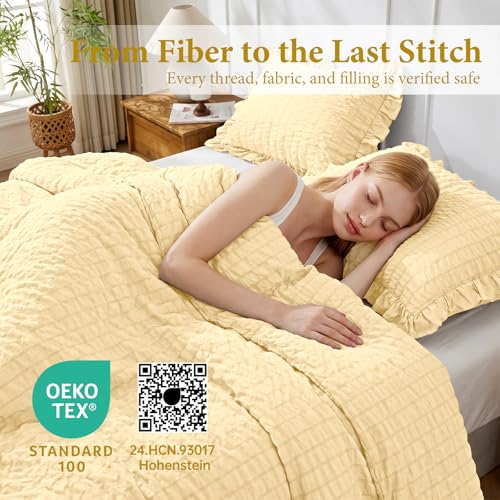 Image of JOLLYVOGUE King Size Comforter Set, 3 Pieces Light Yellow Seersucker Comforters King Size, Lightweight & Fluffy Bedding Sets King for All Season with 1 Ruffle Comforter and 2 Ruffle Pillowshams