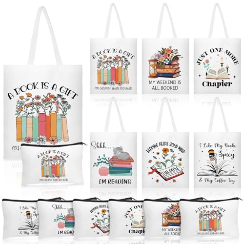 Paterr 12 Pcs Book Club Gifts Bulk Reading Canvas Tote Bag with Makeup Bag Book Lovers Gifts for Women - Reading Accessories, Librarian, Bookish, Readers, Author, Library Present