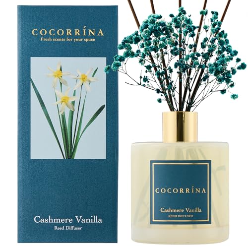 Image of COCORRINA Reed Diffuser - Cashmere Vanilla 17 Fl.oz Reed Diffuser with 8 Sticks Scented Diffuser with Preserved Flowers for Bathroom Home Decor