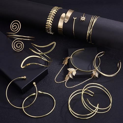 6-12 Pcs Arm Cuff Bracelets for Women Gold UpperCuff Cuff Bangle Bracelet Open Adjustable Gold Arm Bracelet Set3