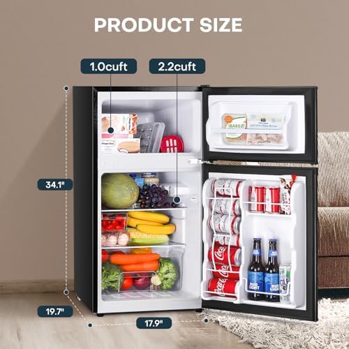 Upstreman 3.2 Cu.Ft Mini Fridge with Freezer, Double Door Mini Fridge, Adjustable Thermostat, Mini Refrigerator for Dorm, Office, Bedroom, Stainless-SD321