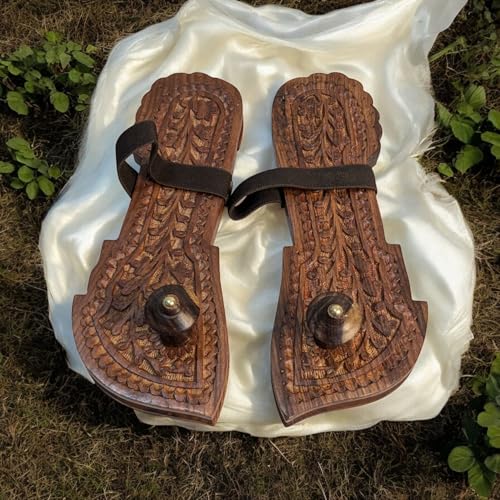 Image of Khadau Chappal for Men | Wooden Charan Paduka for Puja, Wearable Wooden Chappal Eco-Friendly (Rosewood) (8UK, Fish-Strap)