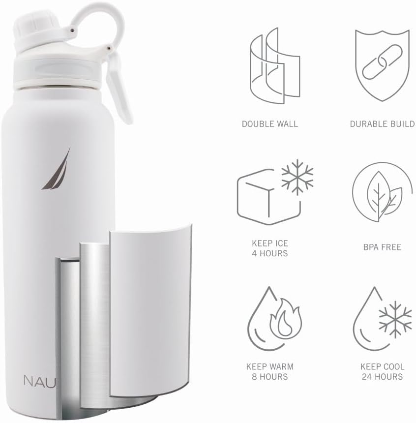 NAUTICA Double Wall Stainless Steel Tumbler With Screw-On Cap, 40 oz Cold And Hot Drink (White) - Image 2