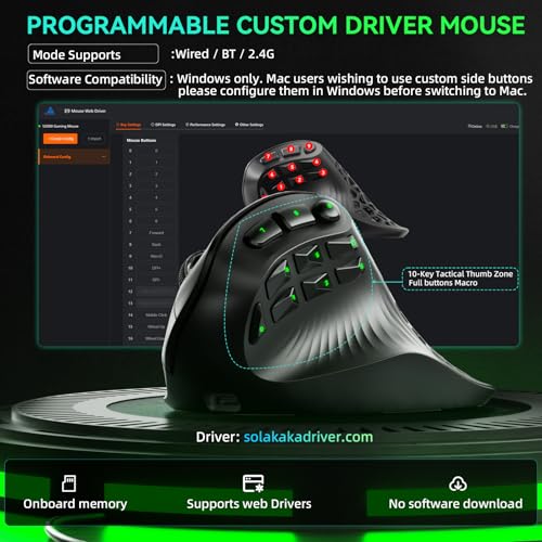 Image of SOLAKAKA E9 PRO Ergonomic Vertical MMO Mouse with 10 Side Buttons,Black | 24800 DPI,45 Vertical Grip,Tri-Mode 2.4G /BT /USB-C,RGB,Web Driver,Programmable Macros for PC /Mac